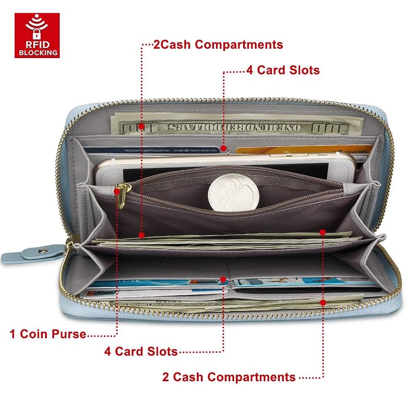 FT FUNTOR Wristlet Wallet for Women, Ladies Zip around Wallet PU Vegan Leather Clutch Long Purse Phone Card Holder Organizer Blue - Image 2